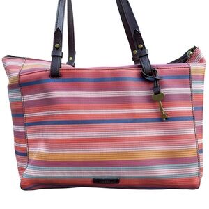 Discontinued Fossil RACHEL Tote Shoulder Striped Multi Bag Zip Top Pockets 15”